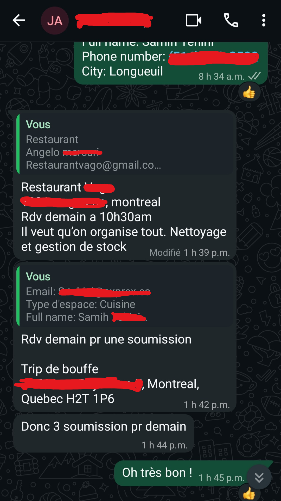 Conversation réelle : trois soumissions réservées pour le lendemain
